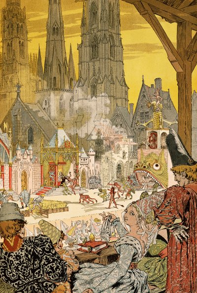 Afbeelding van mysterie op kerkhof van kathedraal, illustratie voor Notre-Dame de Paris door Victor Hugo door Eugene Grasset