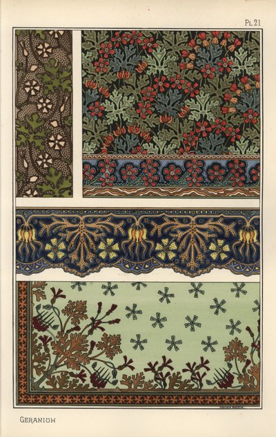 Geraniummotief in behang, rand- en stofpatronen door Eugene Grasset