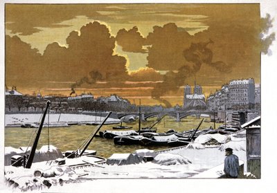 Parijs, schuiten onder de sneeuw bij de Pont de Sully, ca. 1905 door Eugene Grasset