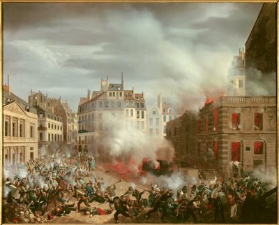 Revolutie van 1848: Brand van de watertoren op het plein van het koninklijk paleis op 24 februari 1848 door Eugene Hagnauer