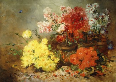 Madeliefjes, begonia en andere bloemen in potten door Eugene Henri Cauchois