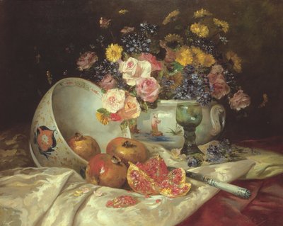 Stilleven van Bloemen in een Chinese Vaas met Granaatappels door Eugene Henri Cauchois