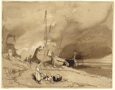 Bord de Plage (Vissersboten op een strand, stormwolken in de verte) door Eugene Isabey