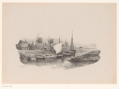 Haven met boten en windmolens door Eugene Isabey