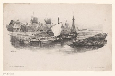 Haven met boten en windmolens door Eugene Isabey