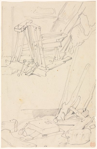 Studies van Hout en Boerderijgereedschap door Eugene Isabey