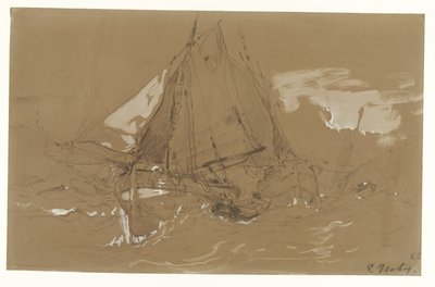 Vissersschuit in een storm door Eugene Isabey