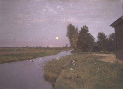 Landschap met eenden op een rivier door Eugene Jettel