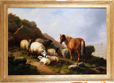 Een pony en schapen op een klif met een zeilschip op de achtergrond, 1868 door Eugene Joseph Verboeckhoven