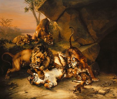 Gevecht van tijgers en leeuwen door Eugene Joseph Verboeckhoven