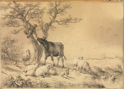 Landschap met dieren en jongen in boom, 1866 door Eugene Joseph Verboeckhoven