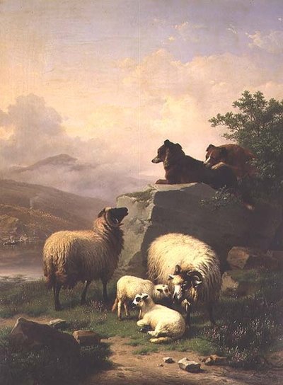 Schapen en lammeren met twee honden in een rivierlandschap door Eugene Joseph Verboeckhoven