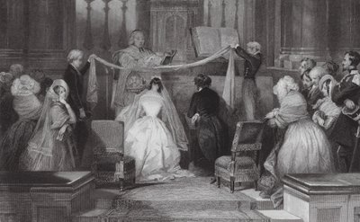 Een Frans huwelijk bij St Roch, Parijs (gravure) door Eugene Louis (after) Lami