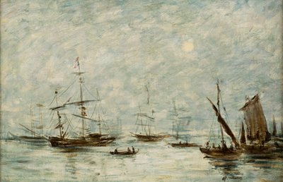 Boten aangemeerd in een haven door Eugene Louis (attr.to) Boudin