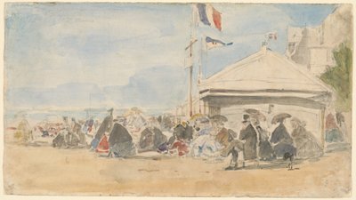 Strandhuis met vlaggen in Trouville, ca. 1865 door Eugene Louis Boudin