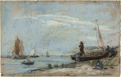 Strand met Vissersboten en houtskool door Eugene Louis Boudin