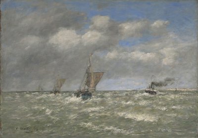 Boten keren terug naar de haven, Trouville door Eugene Louis Boudin