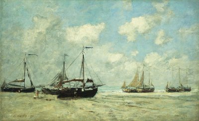 Boten aan de kust bij Scheveningen, 1875 door Eugene Louis Boudin