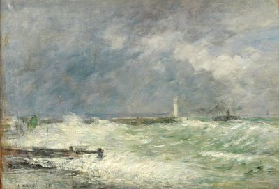 Ingang van de haven van Le Havre bij stormachtig weer door Eugene Louis Boudin