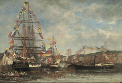 Festival in de haven van Honfleur, 1858 door Eugene Louis Boudin