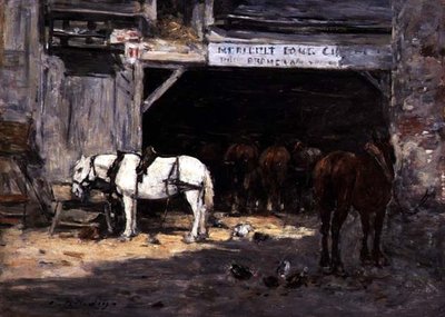 Paarden te Huur in een Erf, c.1885-90 door Eugene Louis Boudin