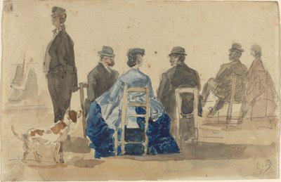 Heren en dames zittend op het strand met een hond door Eugene Louis Boudin