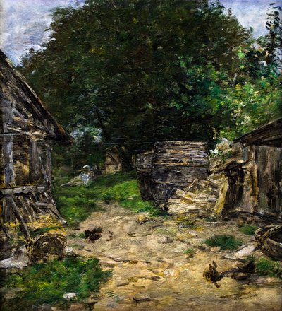 Landschap. Interieur van een boerderij door Eugene Louis Boudin