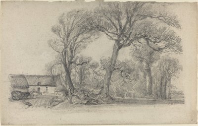 Landschap met bomen, huisje en boerderijwagen door Eugene Louis Boudin