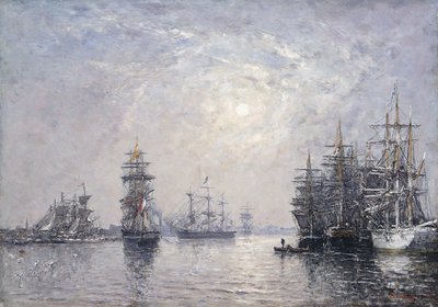 Le Havre, Eure Basin, zeilboten voor anker, zonsondergang, 1870 door Eugene Louis Boudin