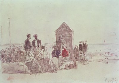 Mensen op het strand van Deauville door Eugene Louis Boudin