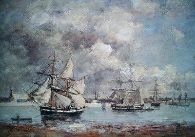 Zeilboten in een haven door Eugene Louis Boudin