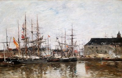 Driemasters in Dok, Antwerpen, 1871 door Eugene Louis Boudin