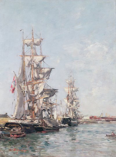 Driemasterboten aan de kade in de haven van Deauville door Eugene Louis Boudin