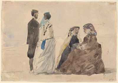 Twee dames zittend en een stel wandelend op het strand, ca. 1866 door Eugene Louis Boudin
