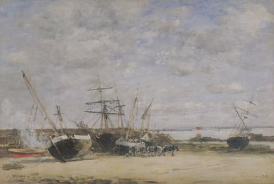 Vaartuigen en Paarden aan de Kustlijn door Eugene Louis Boudin