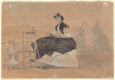 Vrouw in een Crinoline op het Strand van Trouville, c. 1865 door Eugene Louis Boudin