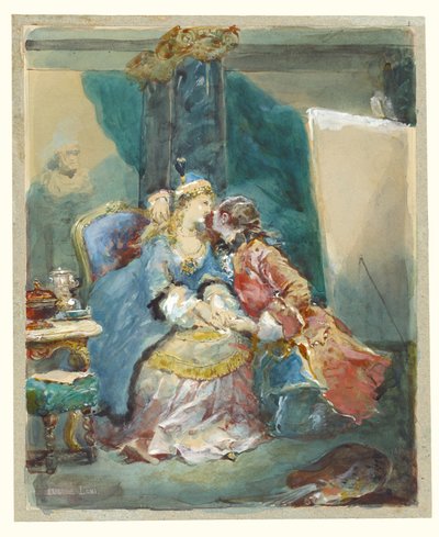 Een paar omhelst elkaar in het atelier van een kunstenaar door Eugene Louis Lami