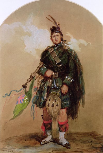 Een Doedelzakspeler van de 79e Highlanders in Chobham Kamp in 1853 door Eugene Louis Lami