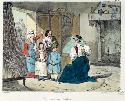 Een bezoek aan het dorp. Een rijke vrouw bezoekt een arme familie. Illustratie van het boek 