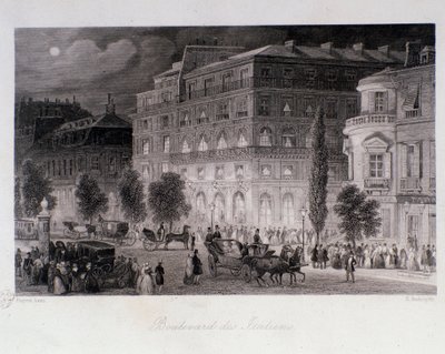 Animatie rond theaters van de boulevard des Italians in Parijs. Gravure door Eugene Louis Lami (1800-1890) 1843 Privécollectie door Eugene Louis Lami