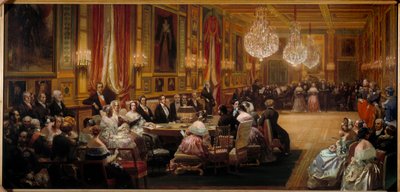 Aubert dirigeert de zangers van de Opera comique voor Louis Philippe I, de koninklijke familie, koningin Victoria en prins Albert door Eugene Louis Lami