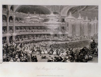 Gemaskerd bal georganiseerd in de Opera van Parijs. Gravure door Eugene Louis Lami (1800-1890) 1843 Privécollectie door Eugene Louis Lami