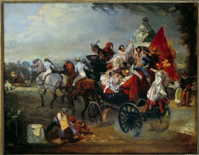 Carnavalscène in Parijs, Place de la Concorde in 1834. door Eugene Louis Lami