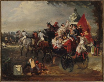 Koets met Mannen en Vrouwen in Kostuum op de Champs-Elysees, 1834 door Eugene Louis Lami