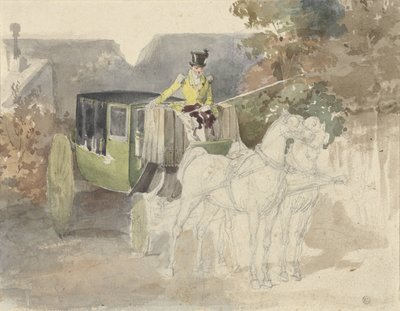 Coupétje met twee paarden, in bosrijke omgeving door Eugene Louis Lami