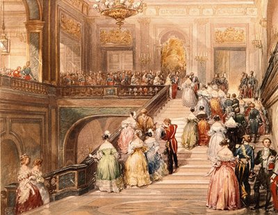 Koning Louis Philippe I (1773 - 1850) en koningin Marie Amélie de Bourbon (1782 - 1866) ontvingen de gasten ter gelegenheid van de opening van het Museum van Versailles in 1837. Illustratie door Eugène Lami (1800 - 1890) door Eugene Louis Lami
