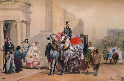 Dames stappen in hun koets in Belgrave Square, 19e eeuw door Eugene Louis Lami