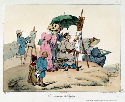 Landschapsliefhebbers. Gepresenteerde schilders verzamelen zich om een maritiem landschap te schilderen. Illustratie uit het boek La Vie de Château door Eugene Louis Lami
