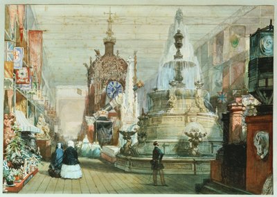 De Britse stand op de Grote Tentoonstelling gehouden in het Crystal Palace, met de Minton-stand aan de rechterkant, 1851 door Eugene Louis Lami