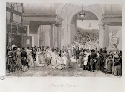 Het publiek verlaat de opera in Parijs. Gravure door Eugene Louis Lami (1800-1890) 1842 Privécollectie door Eugene Louis Lami